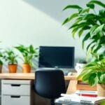 投資環境を表す緑の植物と整頓されたデスク