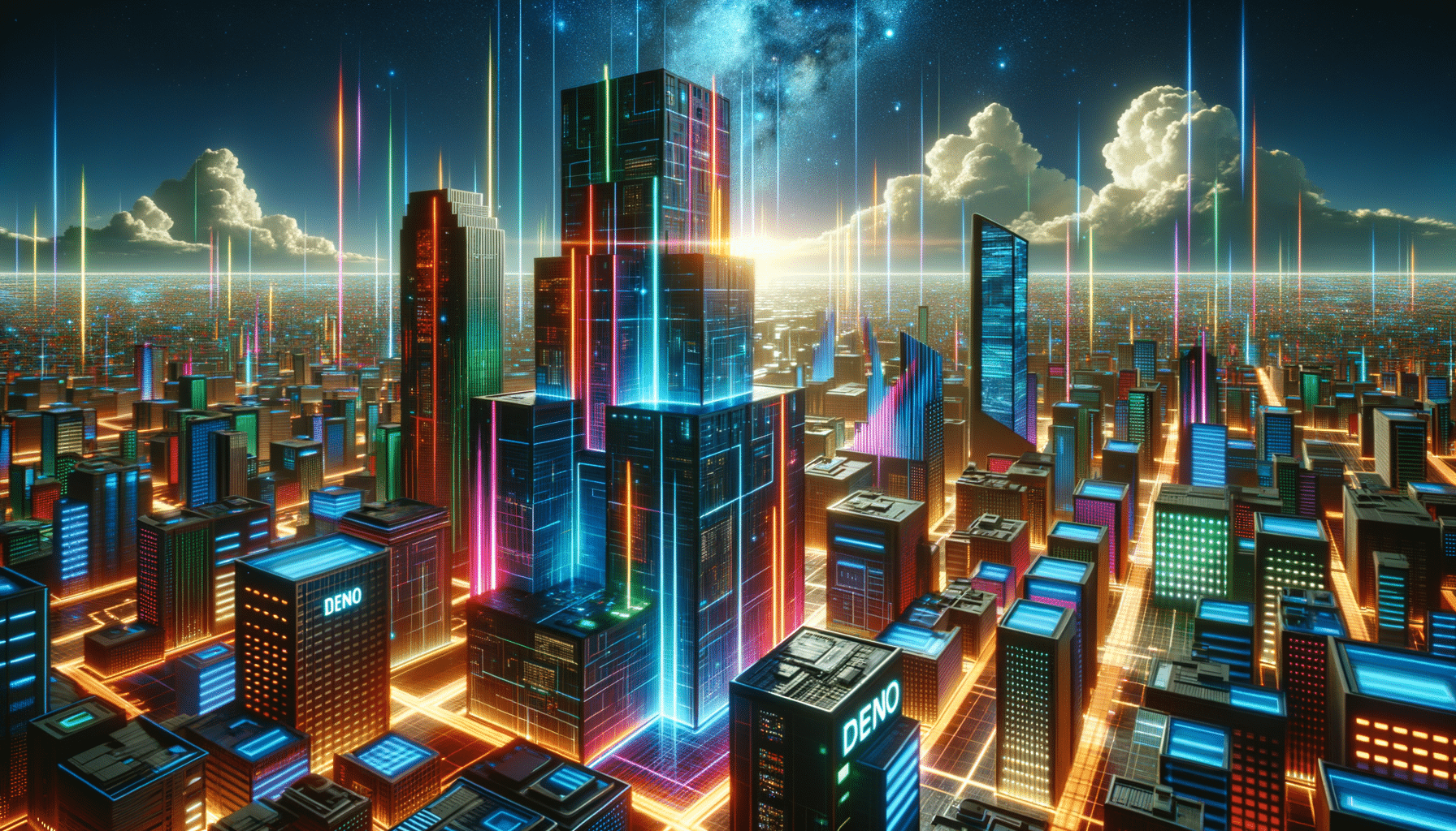 Eye-catching visual of Deno, Deno Deploy, Deno Fresh
 and  AI technology vibes