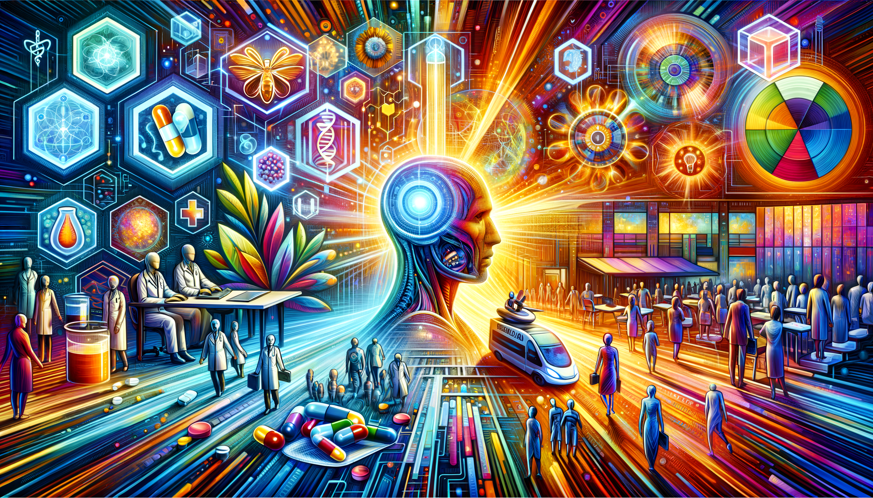 Eye-catching visual of AI drug evaluation, hospital mergers, Medicaid coverage and lifestyle vibes