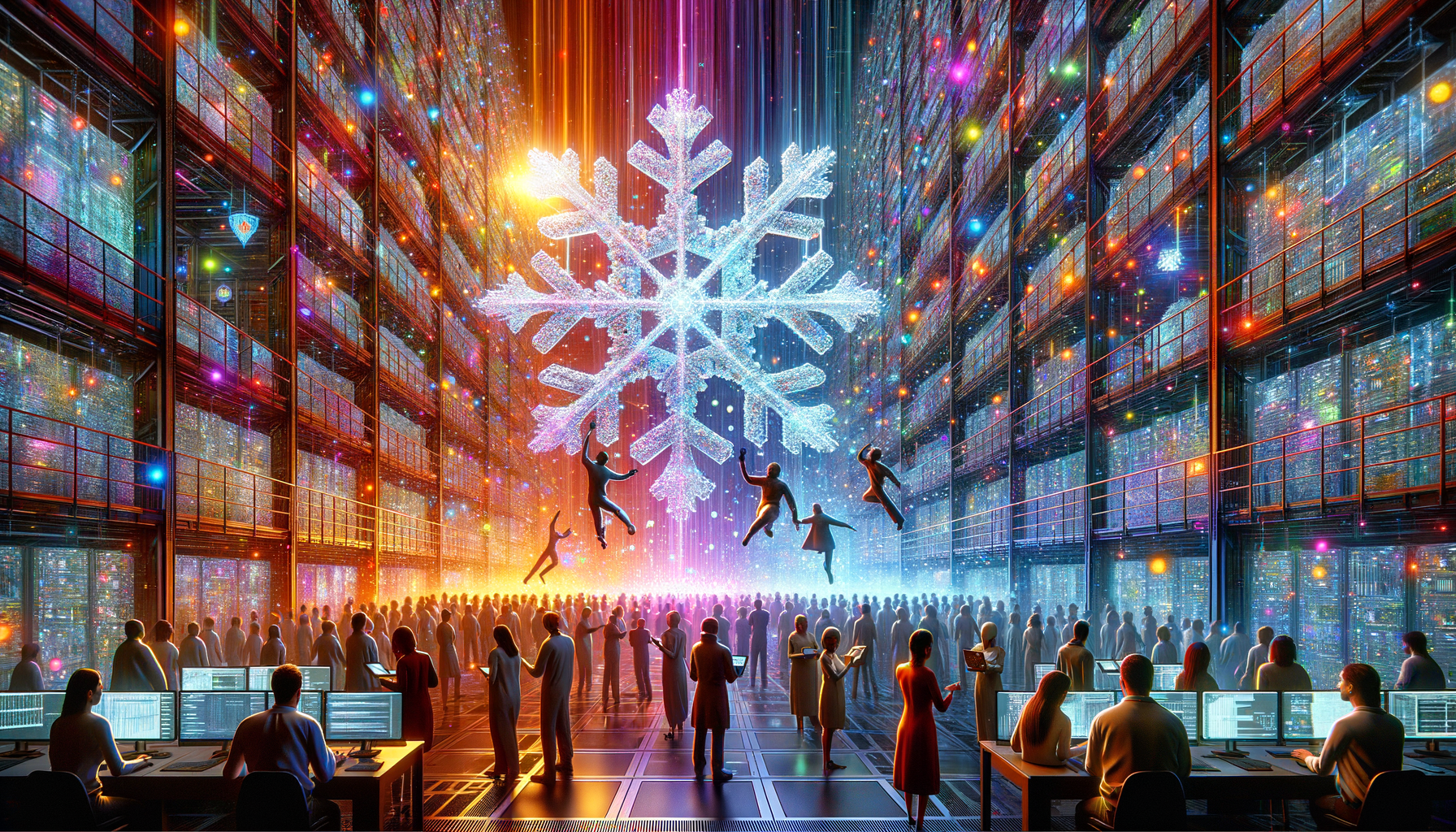 Eye-catching visual of Snowflake, data warehouse, data scientists
 and  AI technology vibes