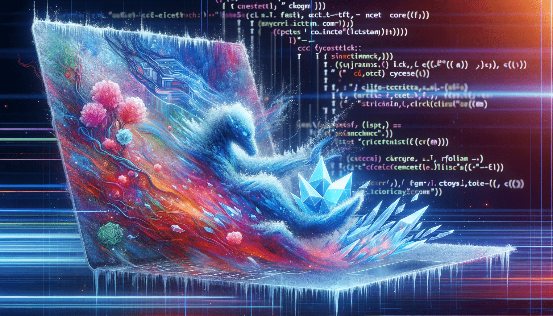 Eye-catching visual of frozen collections, C#, .NET Core
 and  AI technology vibes