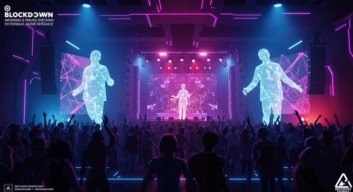 Eye-catching visual of BlockDown Festival, Istanbul Blockchain Week, AI music experience and Metaverse vibes