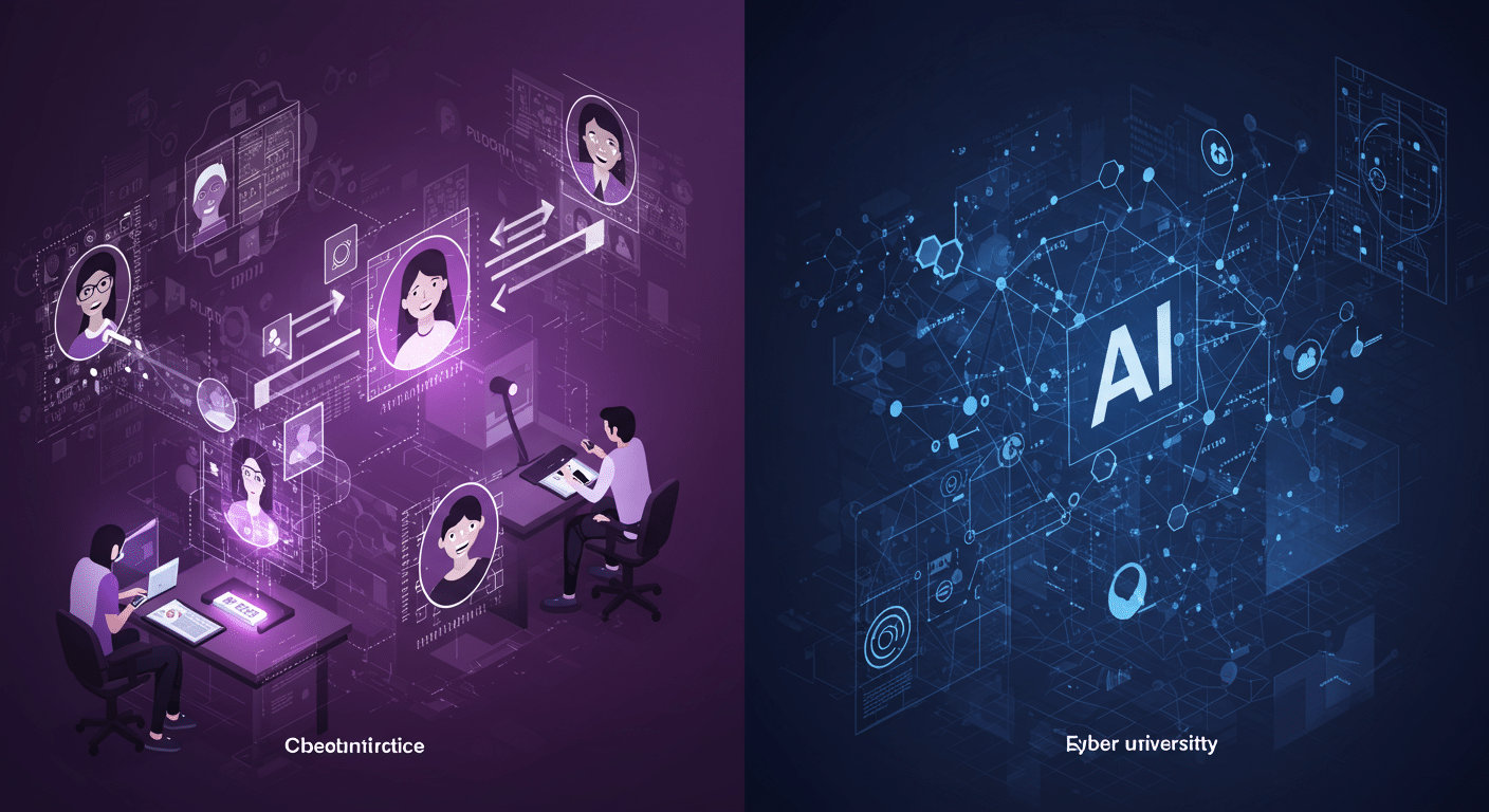 Future potential of AI, cheating, universities
 represented visually