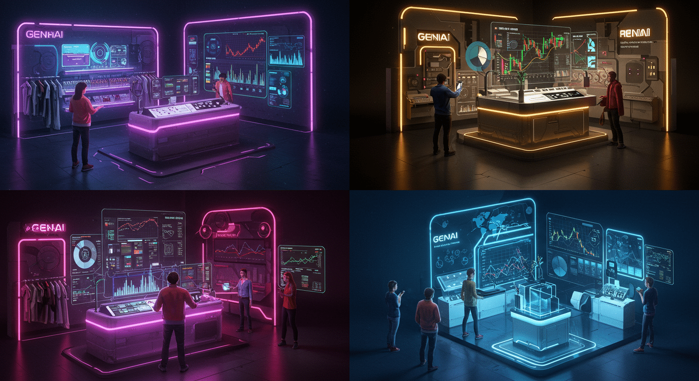 Eye-catching visual of genAI, retail, finance
 and  AI technology vibes