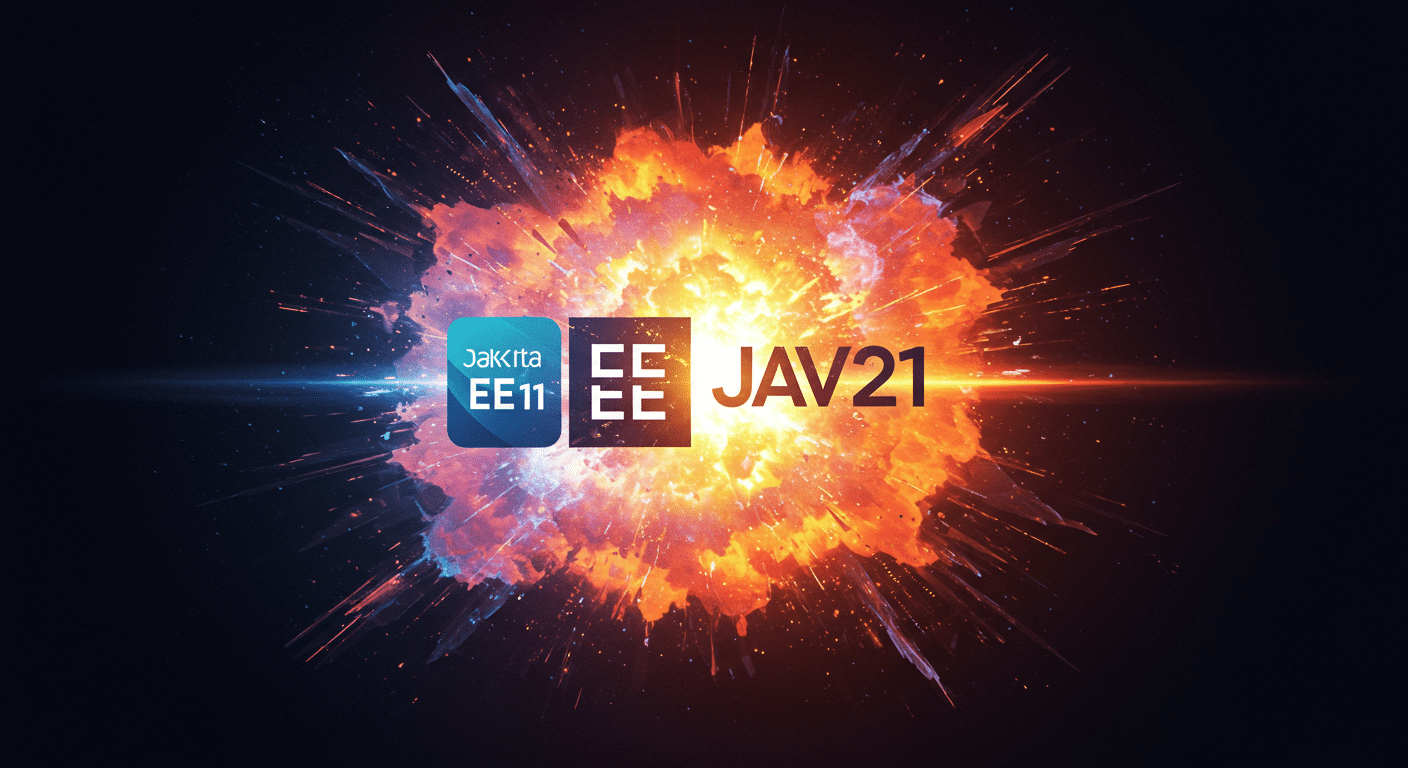Eye-catching visual of Jakarta EE 11, Java 21, enterprise Java
 and  AI technology vibes