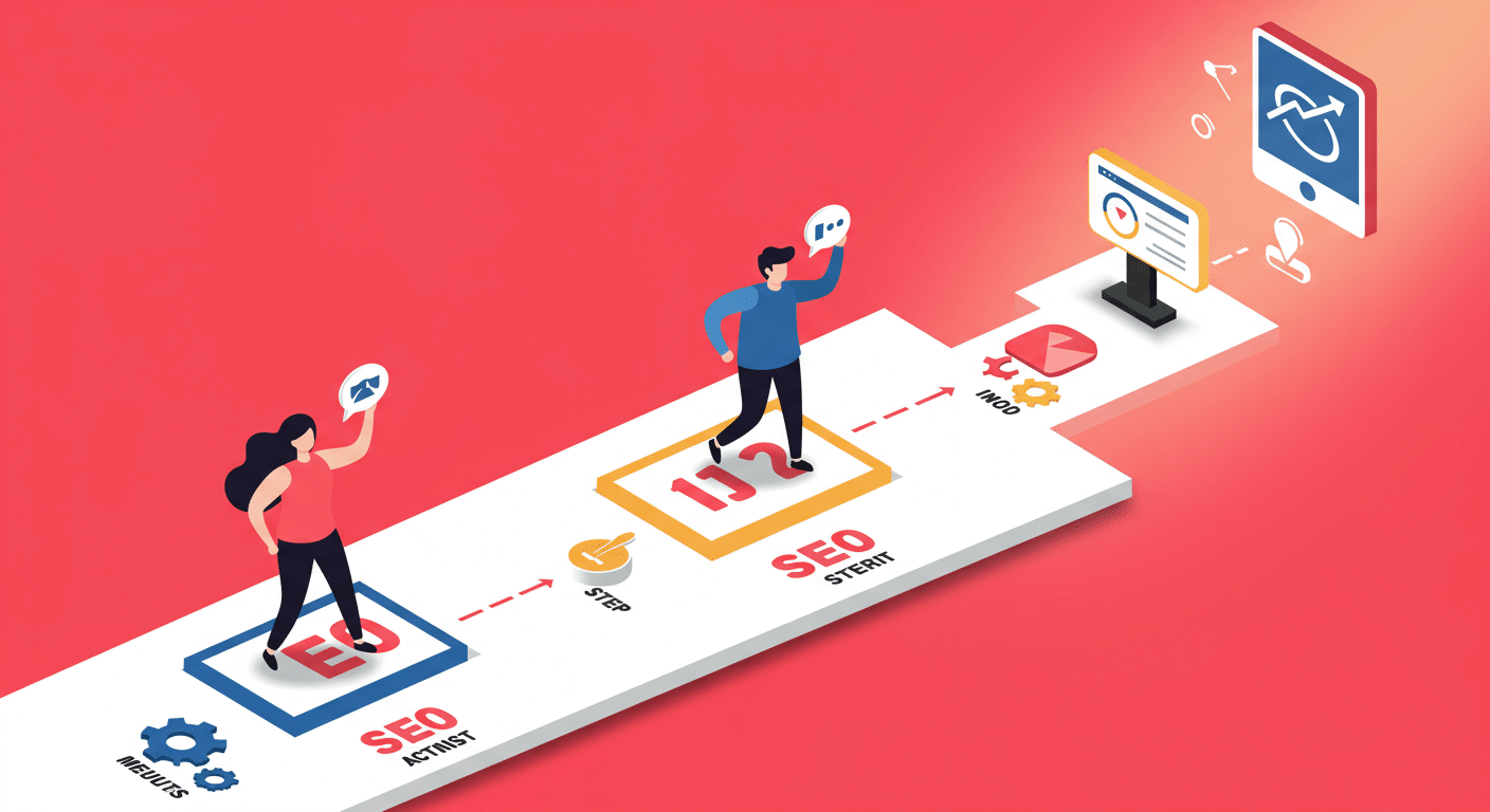 Eye-catching visual of SEO, steps, simple
 and  lifestyle vibes