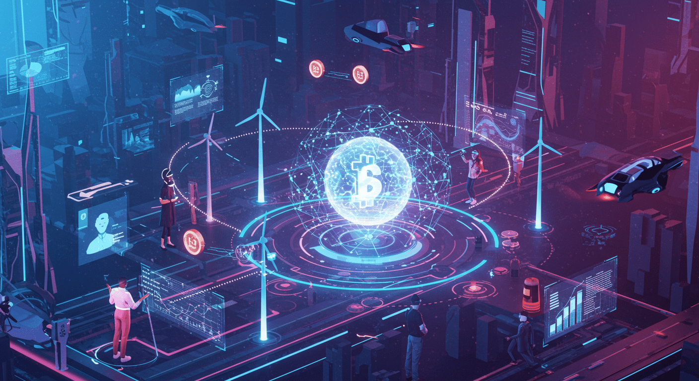 Eye-catching visual of tokenized clean energy, blockchain-based platform, yield-generating opportunities
 and  Metaverse vibes