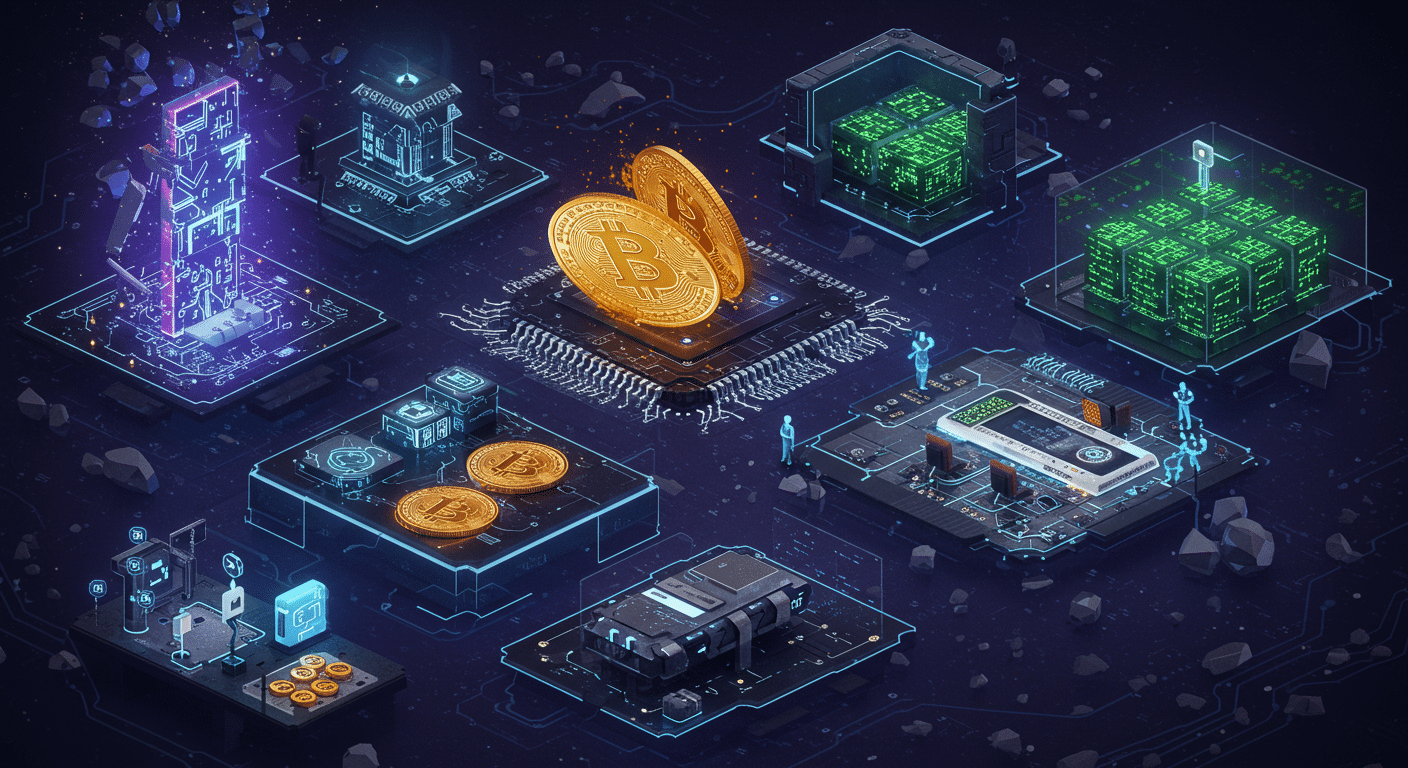 Eye-catching visual of artificial intelligence, Bitcoin mining, sustainable AI infrastructure
 and  Metaverse vibes