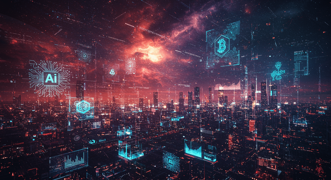 Eye-catching visual of AI, blockchain, DeFi
 and  Metaverse vibes