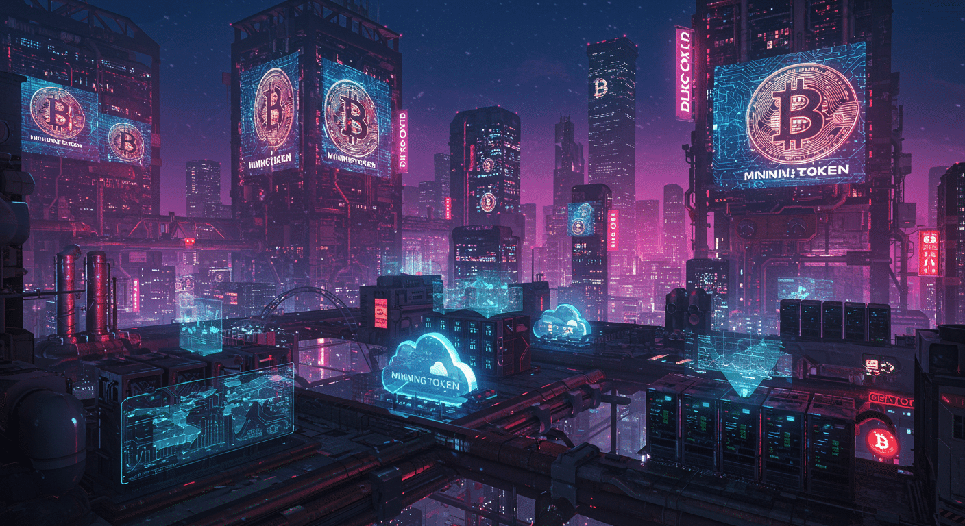 Eye-catching visual of MiningToken, cloud mining, Bitcoin and Web3/metaverse vibes