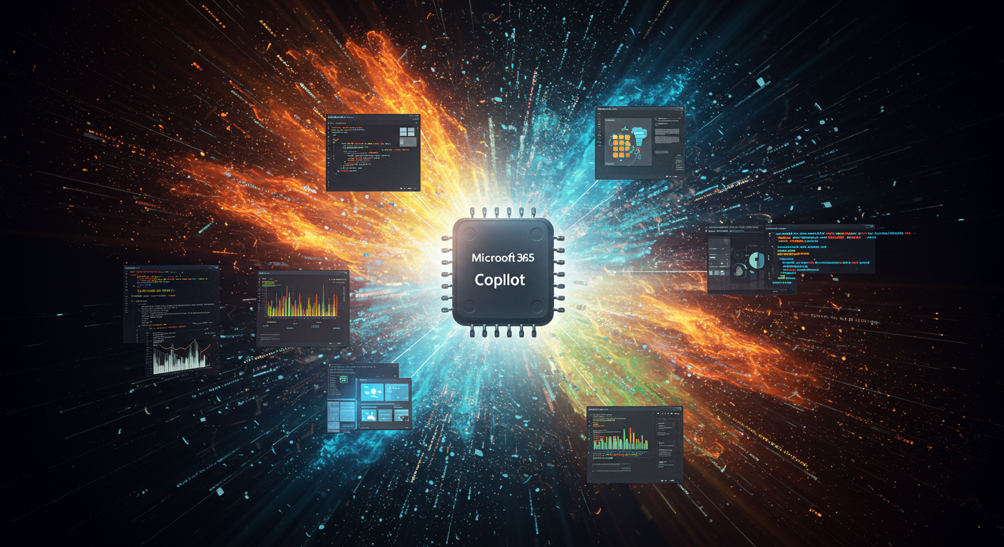 Eye-catching visual of Microsoft 365 Copilot, AI applications, Microsoft Graph API
 and  AI technology vibes