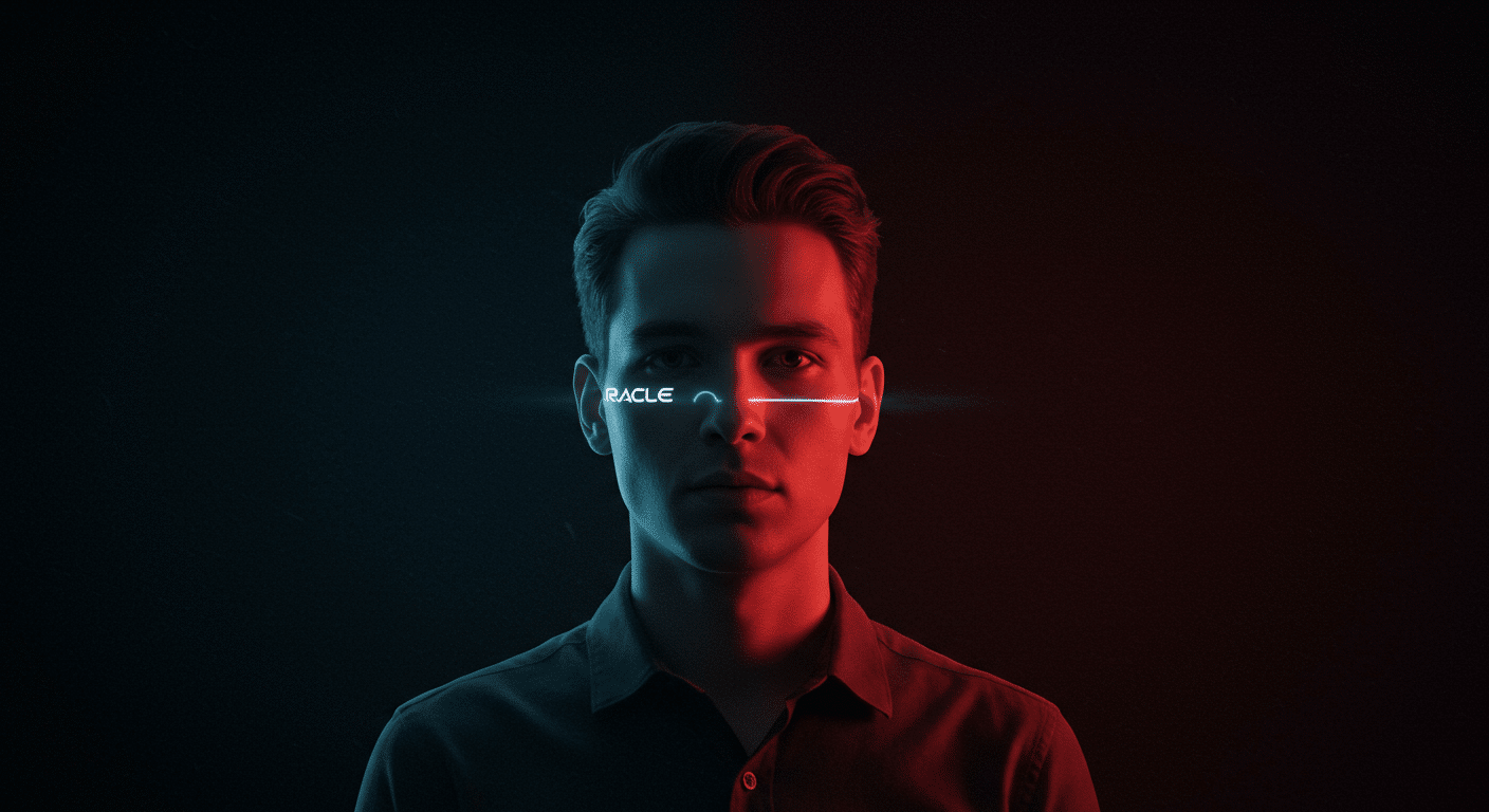 Eye-catching visual of Oracle, cloud business, mystery customer
 and  AI technology vibes
