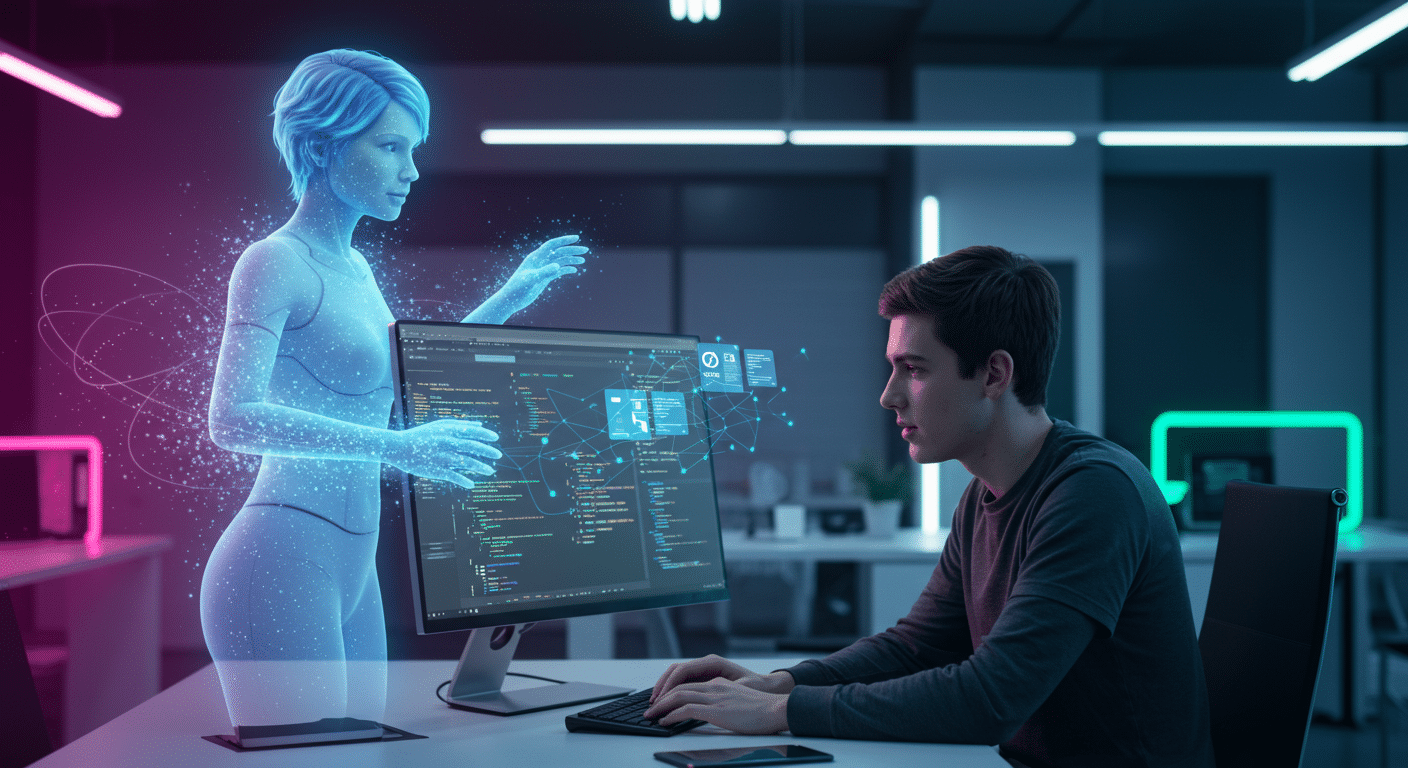 Eye-catching visual of AI-powered development, Low-code, OutSystems Mentor
 and  AI technology vibes