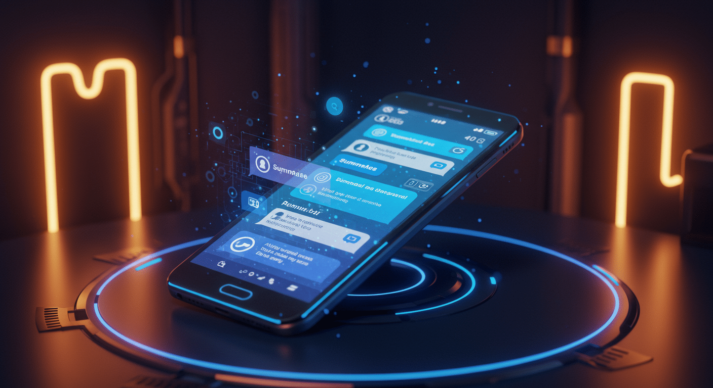 Eye-catching visual of WhatsApp, AI, Summaries
 and  AI technology vibes