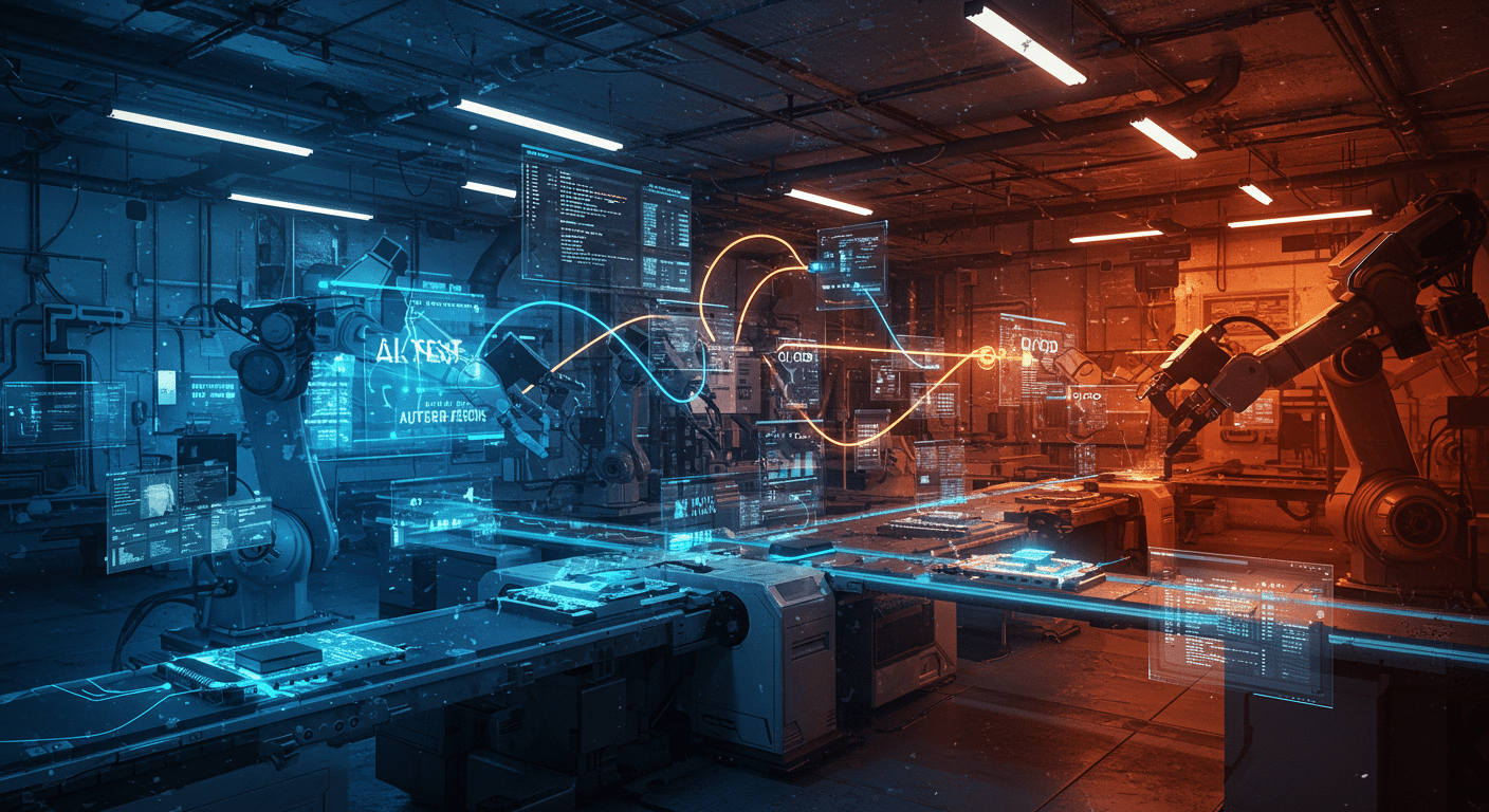 Eye-catching visual of AI testing, test automation, CI/CD
 and  AI technology vibes