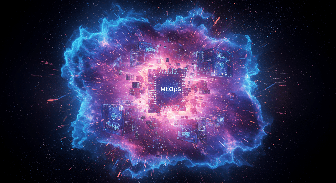 Eye-catching visual of AI, metadata-driven, MLOps
 and  AI technology vibes