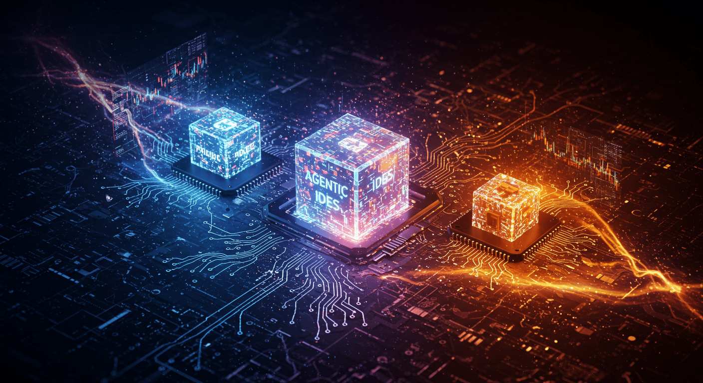 Eye-catching visual of agentic IDEs, pricing, reliability
 and  AI technology vibes