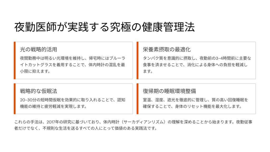 夜勤医師が実践する究極の健康管理法：エネルギー維持の4つの秘訣