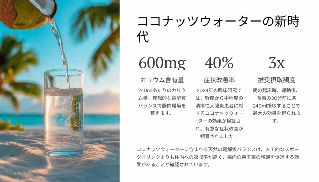  ココナッツウォーターの新時代：腸内環境を加速する魔法の飲み物