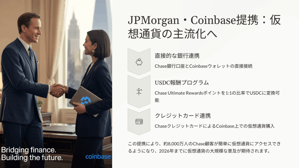 JP Morgan・Coinbase提携：仮想通貨採用を加速させる画期的な提携