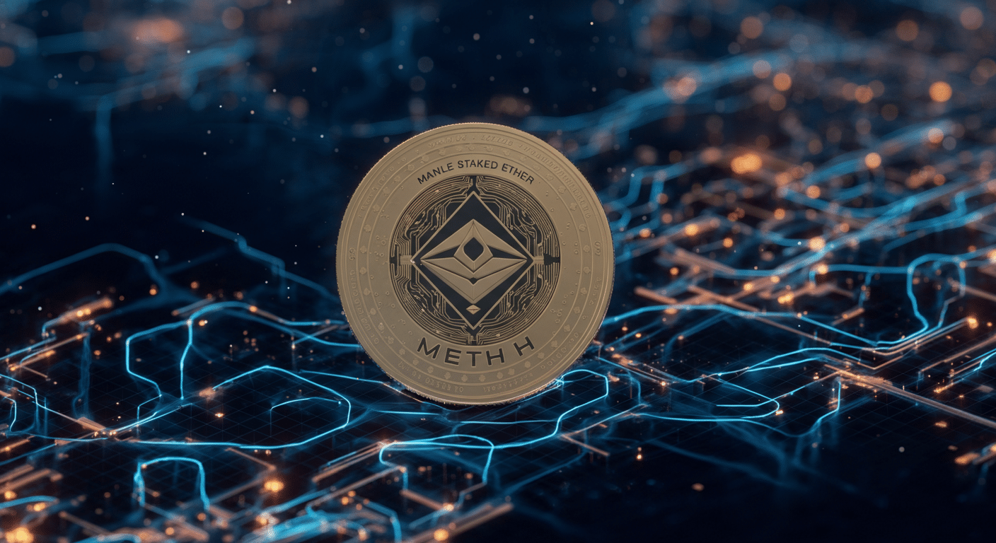 Mantle Staked Ether METH technology and blockchain network illustration