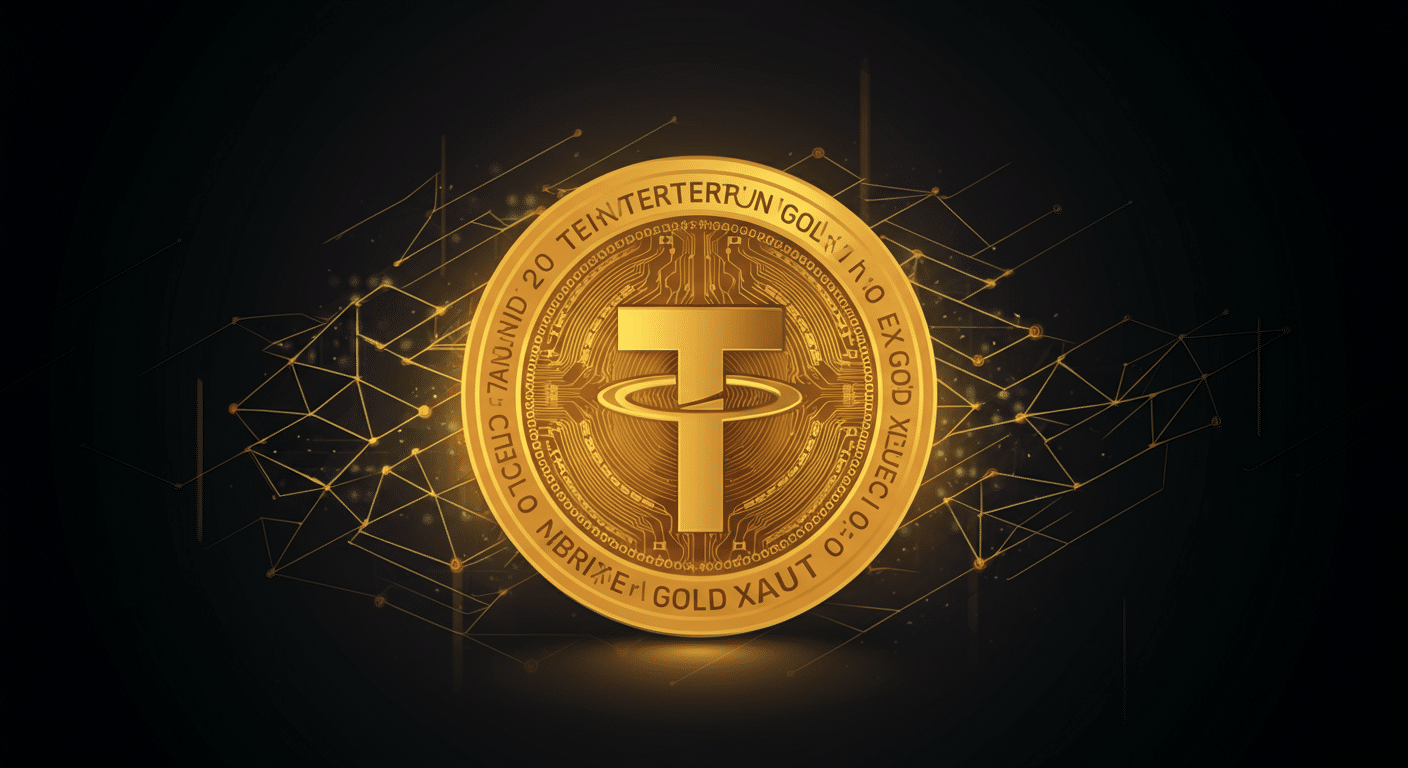Tether Gold XAUT technology and blockchain network illustration