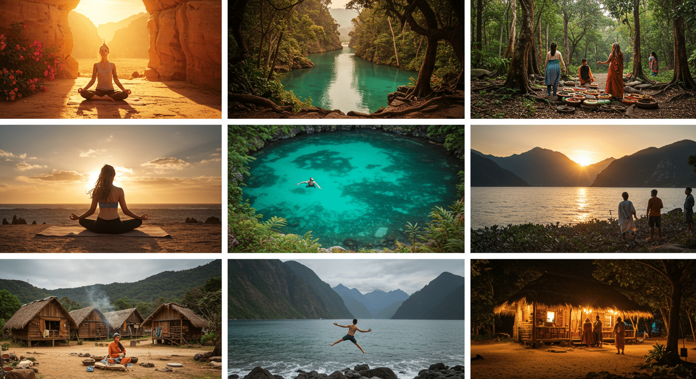 Eye-catching visual of 2025 Travel Trends  
Hidden Gems Destinations  
Wellness Vacation Spots and lifestyle vibe