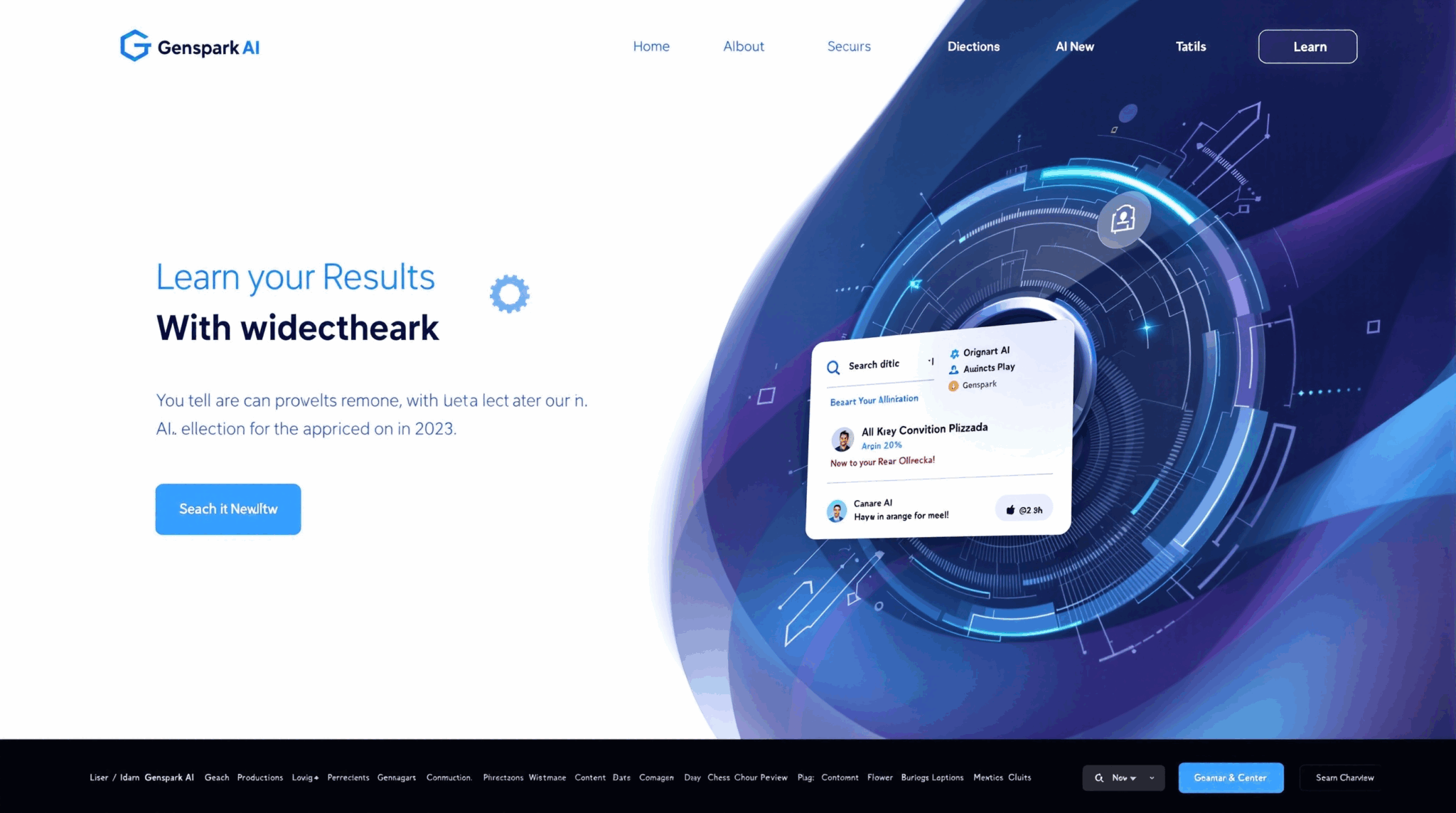 A modern and futuristic AI interface as the main header image for Genspark AI. It features a search bar and results display, with a blue and purple gradient background. The image includes the 'Genspark AI' logo and displays a professional and sophisticated design.