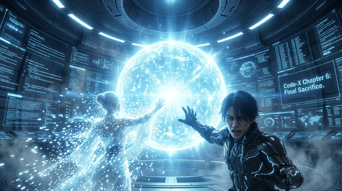 Sphere of light and two figures