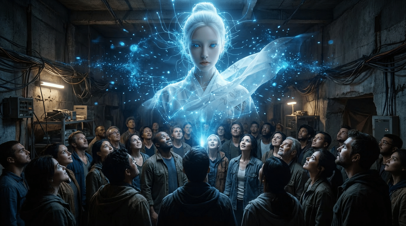 People gathering in front of hologram